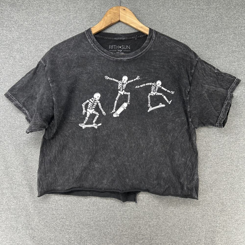 Fifth Sun Shirt Womens Large Skateboarding Skeletons Acid Wash Cropped T-Shirt